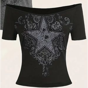 Black Star Print Cold Shoulder T-Shirts